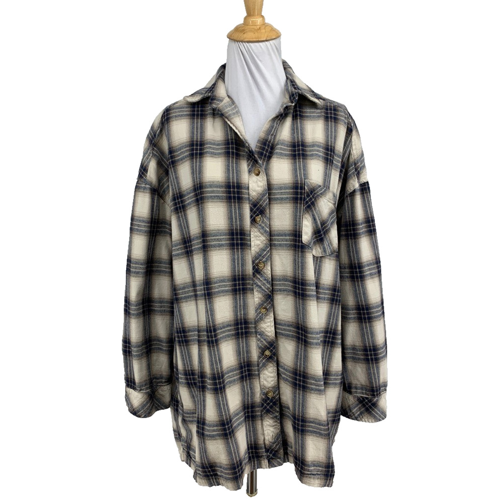 Lovers And Friends Shirt Women S Small Beige Navy Gela Oversized Plaid Button Up